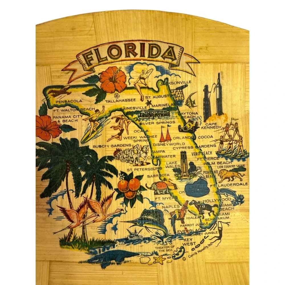 Vintage Florida State Bamboo Map Bowl